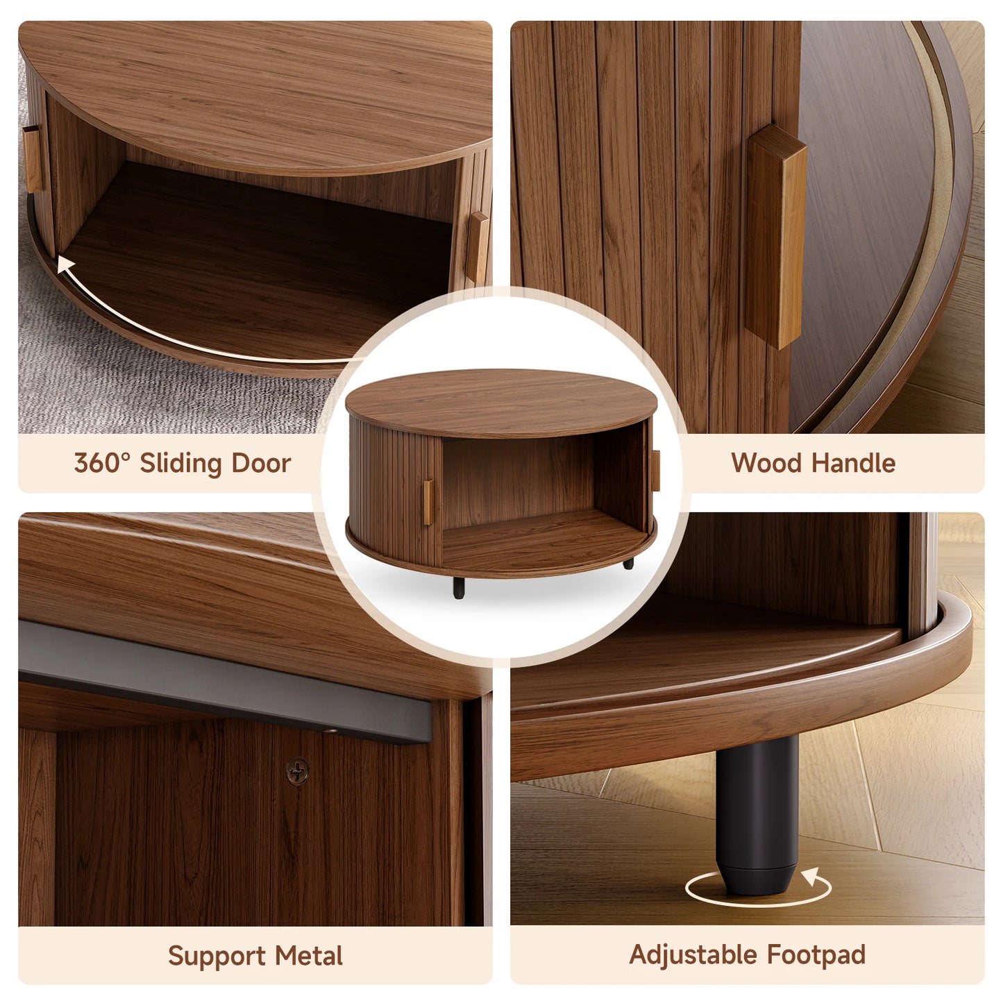 Round Coffee Table Modern 360° Curved Sliding Door, Fluted Wood