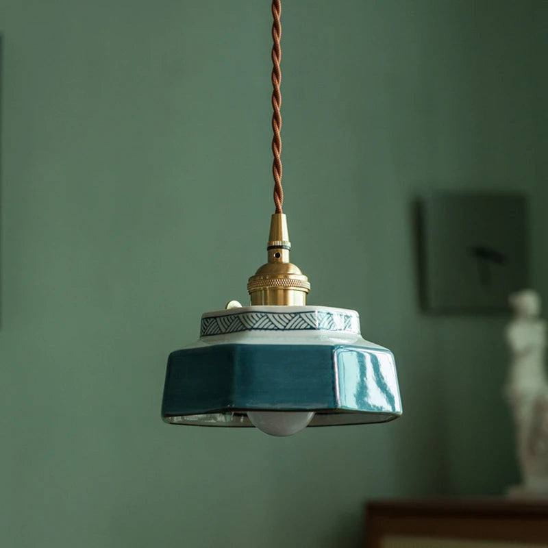 Vintage LED Pendant Light Freehand Painting Ceramic Copper