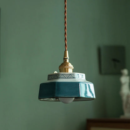 Vintage LED Pendant Light Freehand Painting Ceramic Copper