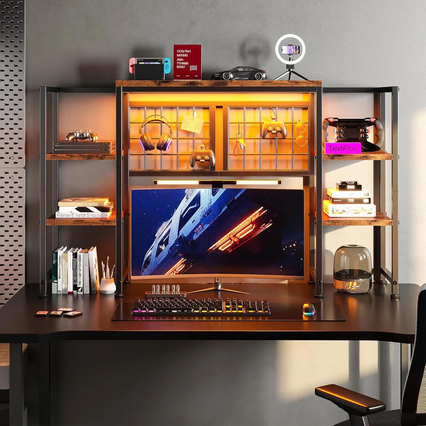 Desk Shelf with LED Light Strip, Adjustable 45.1" Desk Hutch
