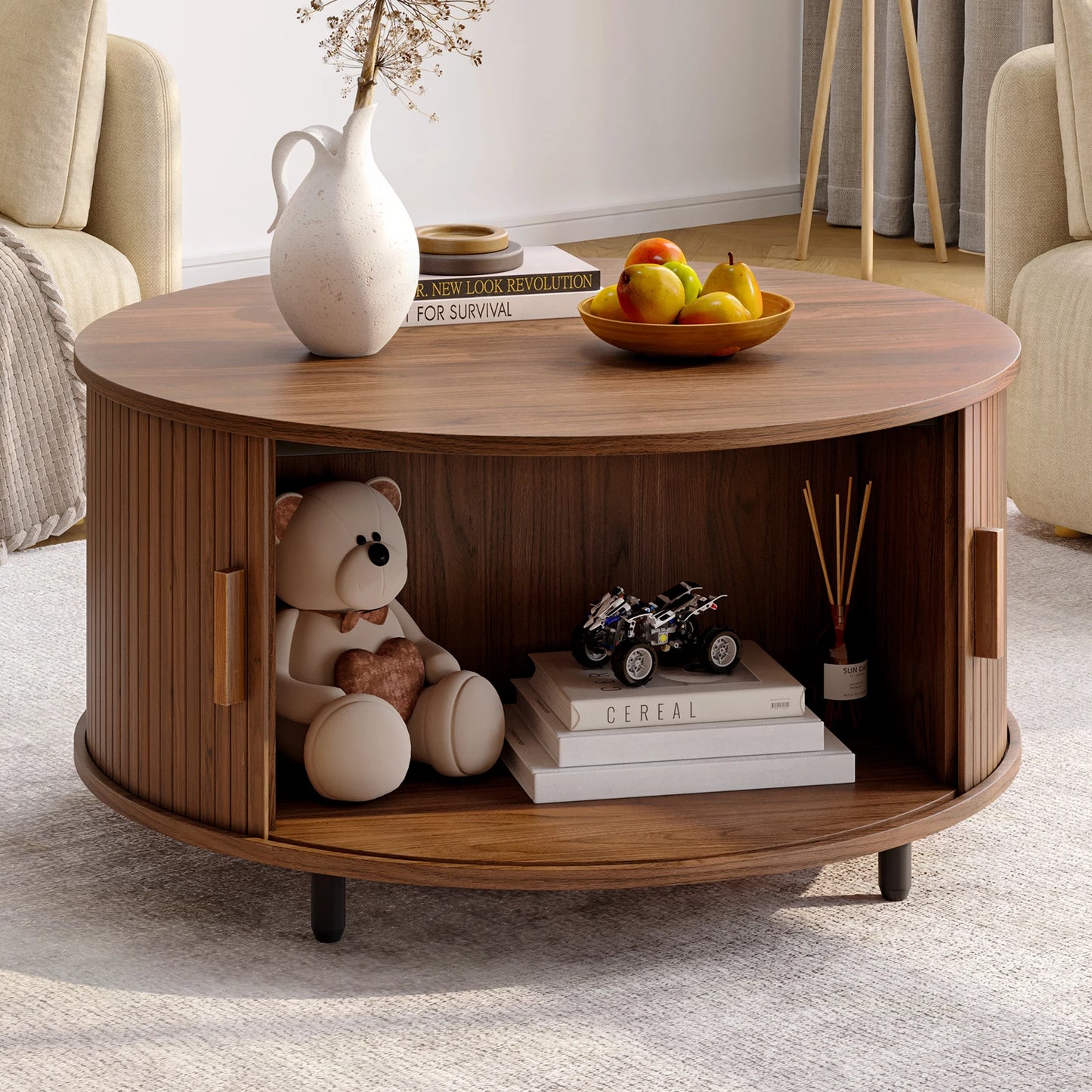 Round Coffee Table Modern 360° Curved Sliding Door, Fluted Wood