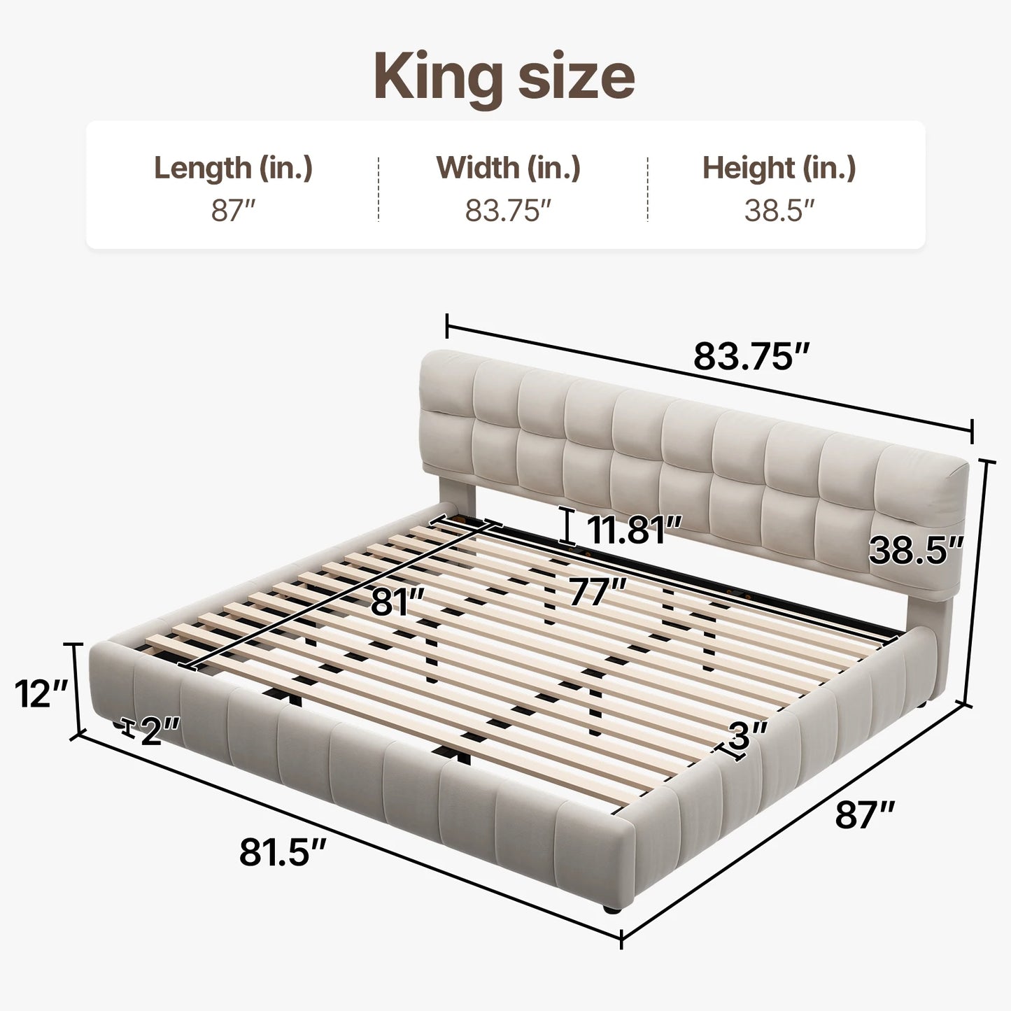 Queen Cloud Platform Bed with 38.5-inch Extra-Thick Soft Headboard, Cream