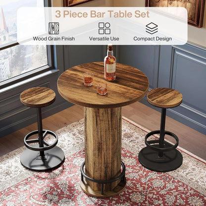 LITTLE TREE Round Bar Table with 2 barstools, Metal Ring Footrest