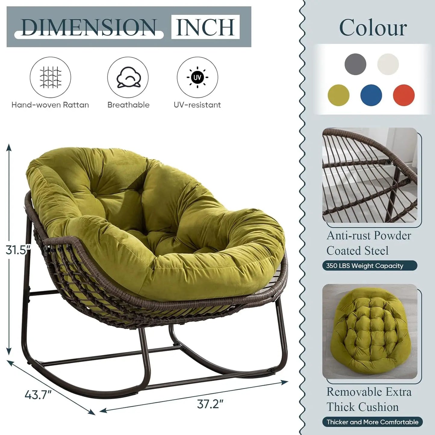Oversized Rattan Egg Rocking Chair Padded Cushion Indoor Outdoor
