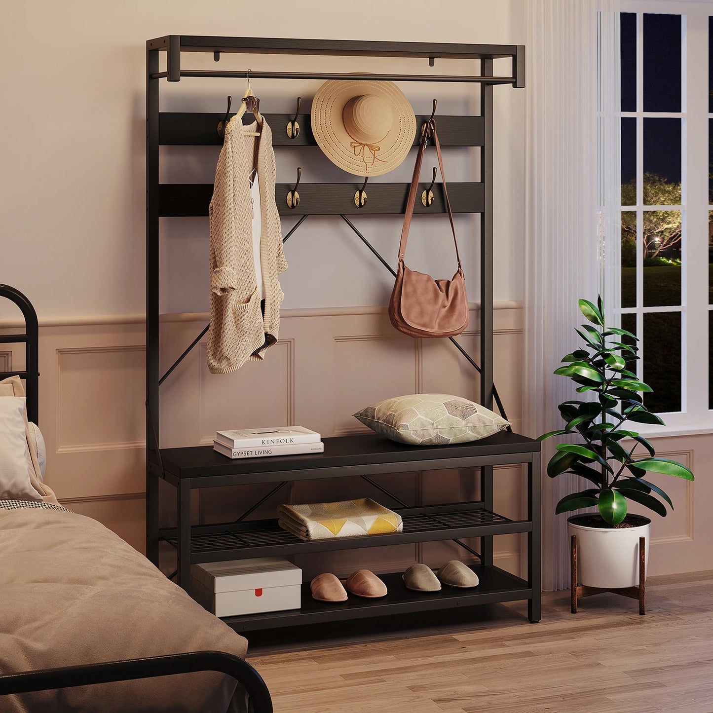 72Inch Tall Coat Rack 5-in-1 Shoe Rack/Bench, Storage shelves 8 Hooks