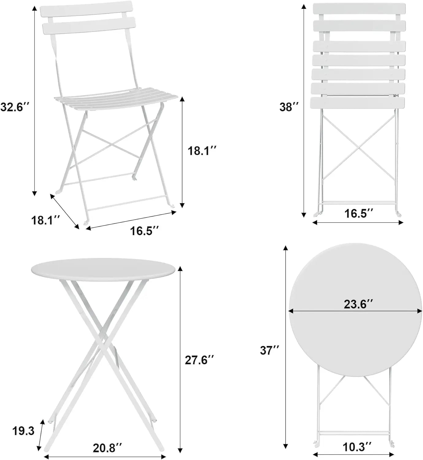 3Pcs Patio Bistro Set, Metal Frame Space-Saving Folding Table and Chairs