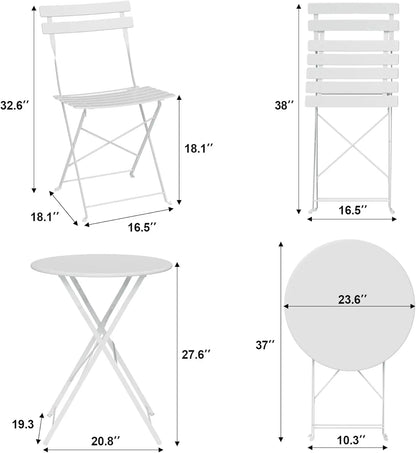 3Pcs Patio Bistro Set, Metal Frame Space-Saving Folding Table and Chairs