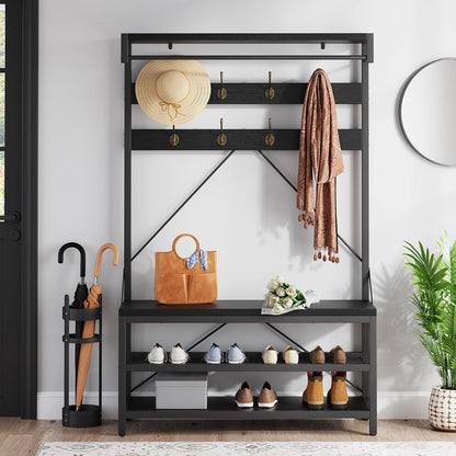 72Inch Tall Coat Rack 5-in-1 Shoe Rack/Bench, Storage shelves 8 Hooks