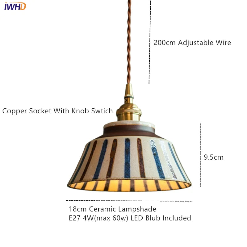 Vintage LED Pendant Light Freehand Painting Ceramic Copper