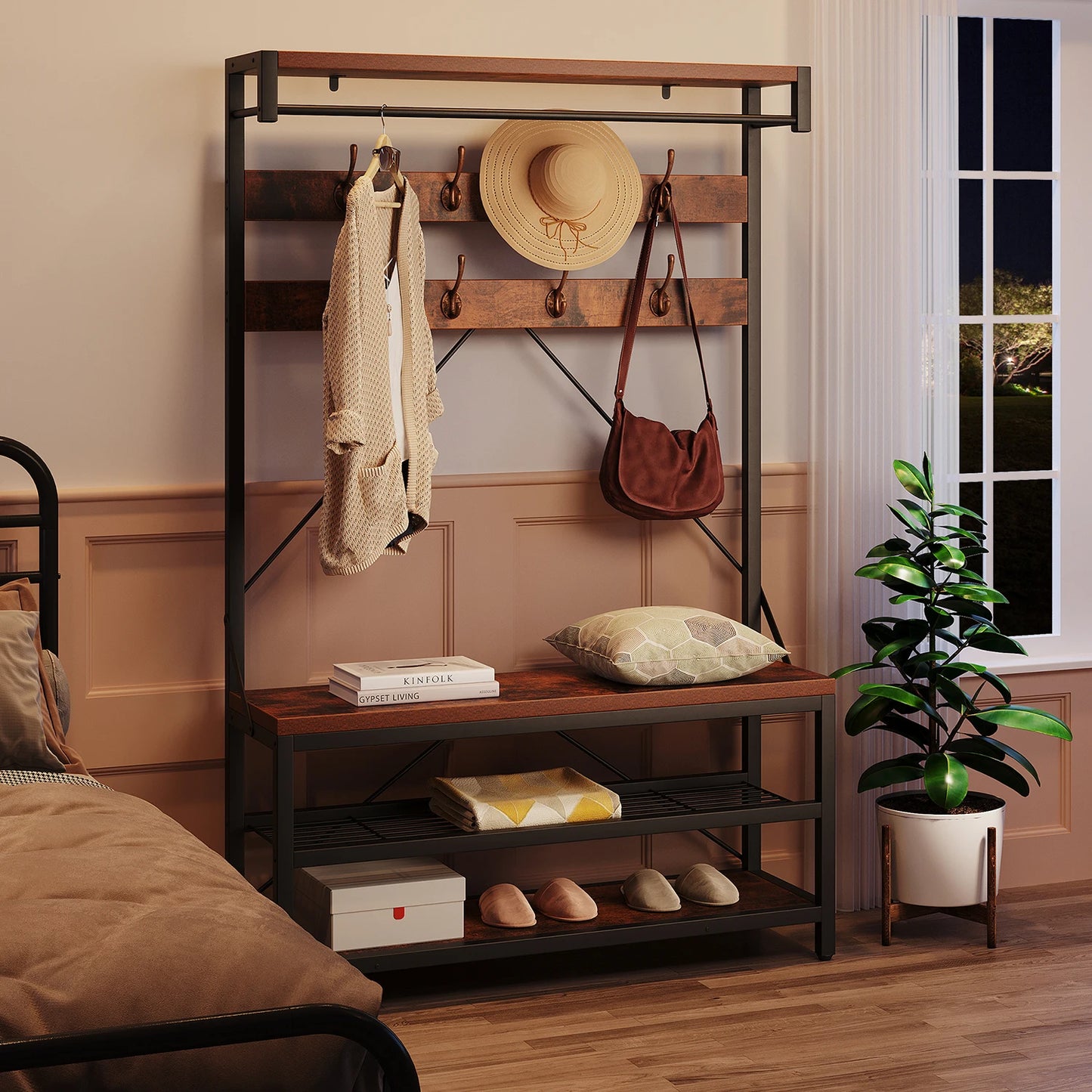 72Inch Tall Coat Rack 5-in-1 Shoe Rack/Bench, Storage shelves 8 Hooks