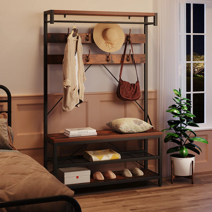 72Inch Tall Coat Rack 5-in-1 Shoe Rack/Bench, Storage shelves 8 Hooks