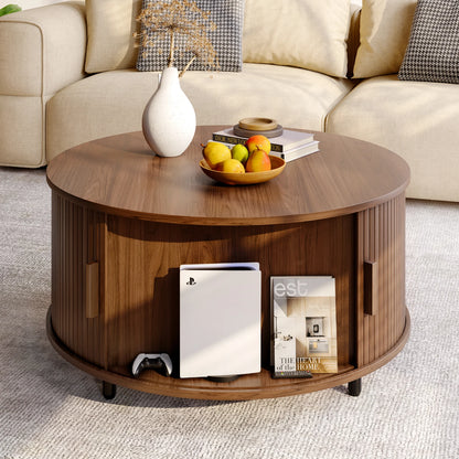 Round Coffee Table Modern 360° Curved Sliding Door, Fluted Wood