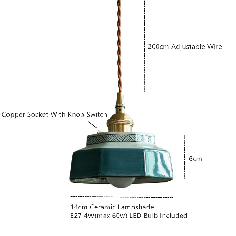 Vintage LED Pendant Light Freehand Painting Ceramic Copper
