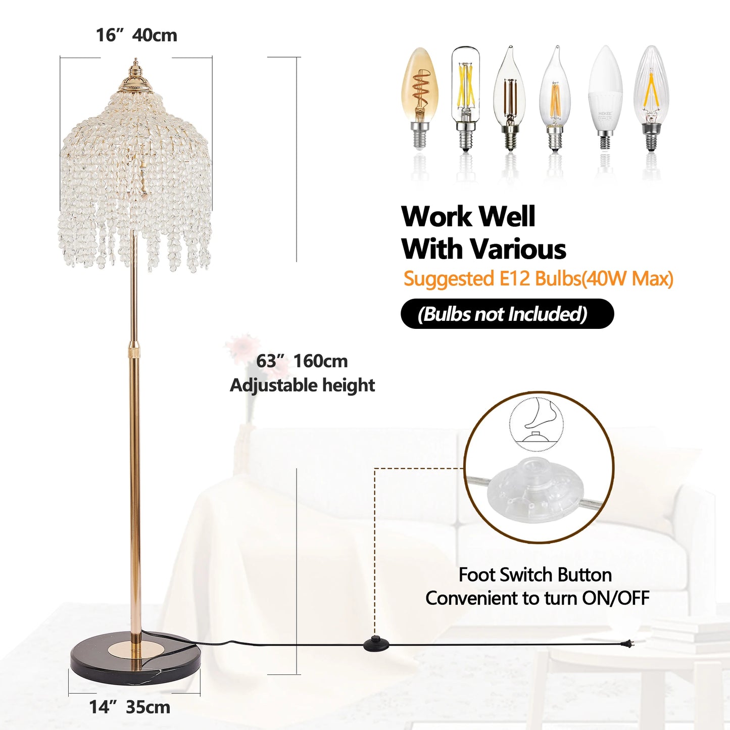 Light Elegant Crystal Floor Lamp Vintage Waterfall Design