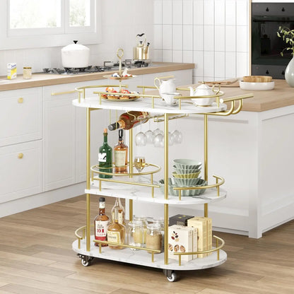 Gold Bar Carts with 4-Tiers Storage Shelves Mobile Bar
