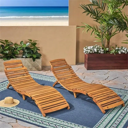 Natural Yellow Wood Outdoor Chaise Lounge Set, 2-Piece Folding