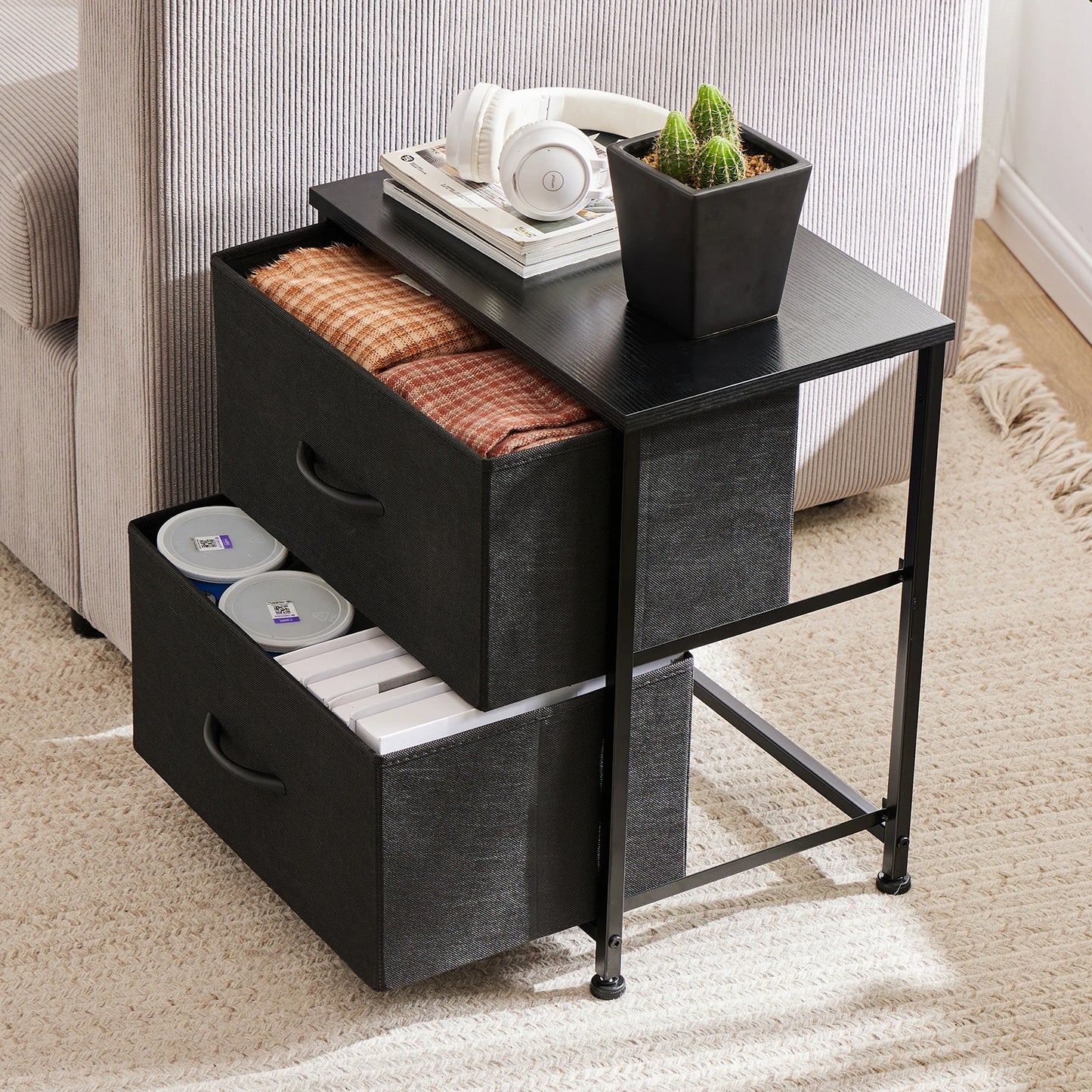 Nightstand Bedside Storage  2 Fabric Drawers Cabinet Furniture