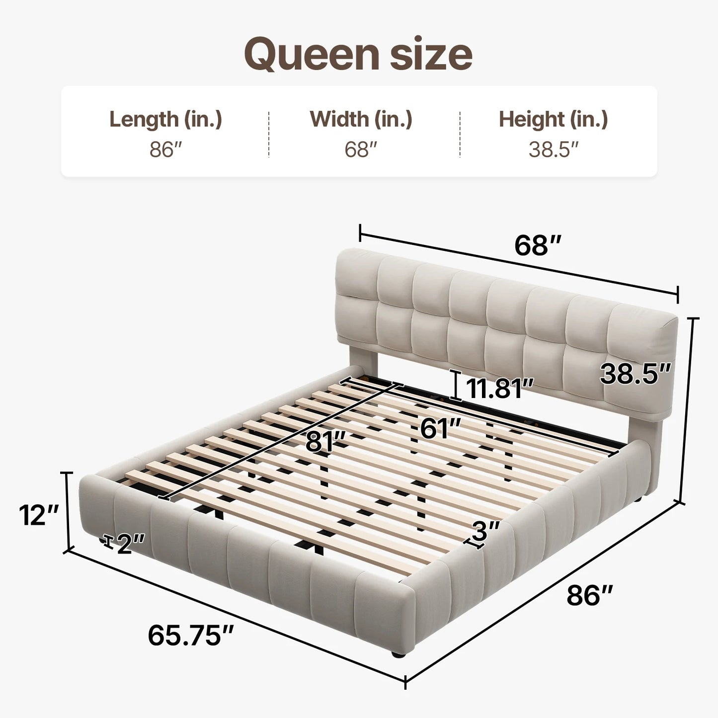 Queen Cloud Platform Bed with 38.5-inch Extra-Thick Soft Headboard, Cream