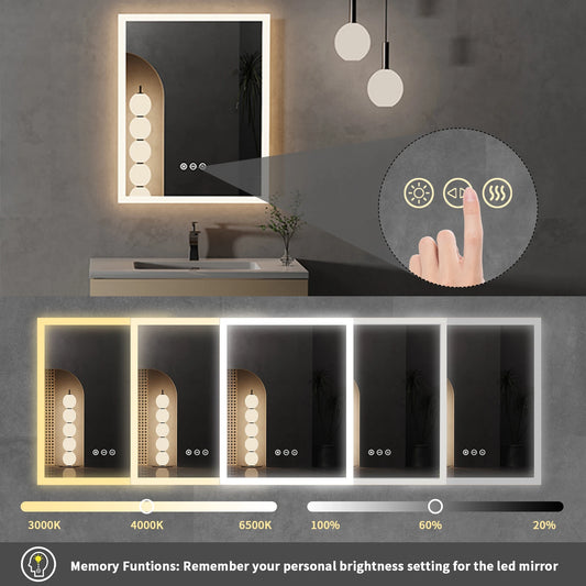 16x20 inch LED Lighted Bathroom Mirror with Anti-Fog,