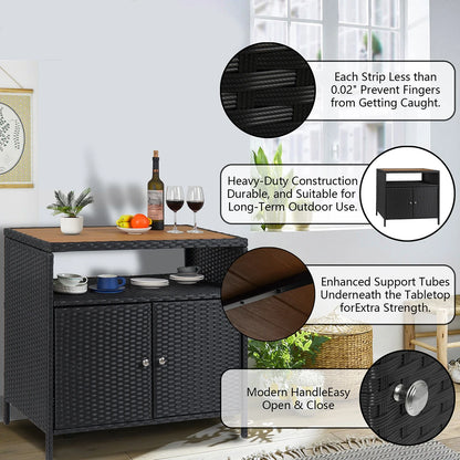 Weatherproof Outdoor Wicker Bar Table Storage Cabinet Double Doors & Shelves