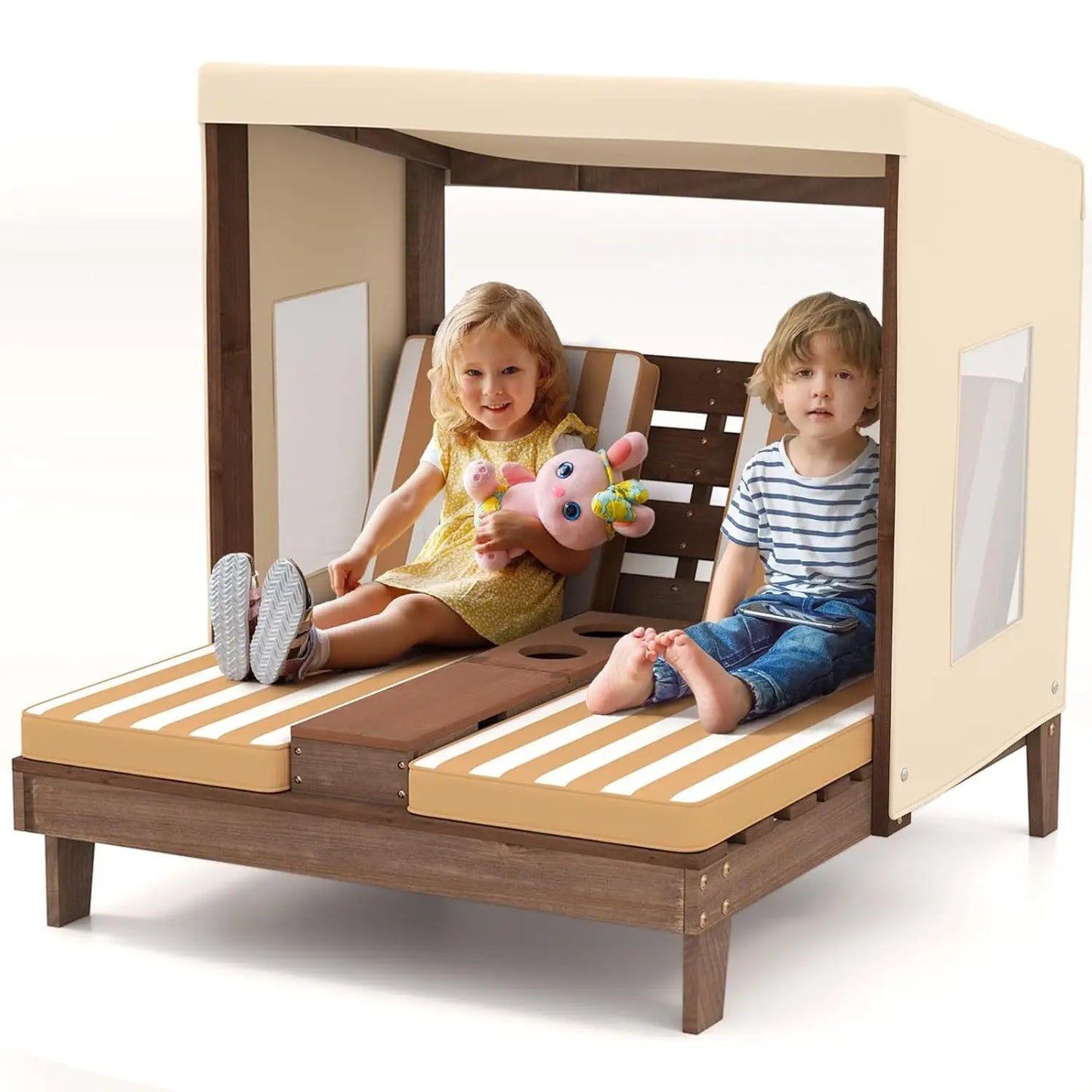 Kids Chaise Lounge Chair Outdoor, Toddler Wood Double Pool Lounger
