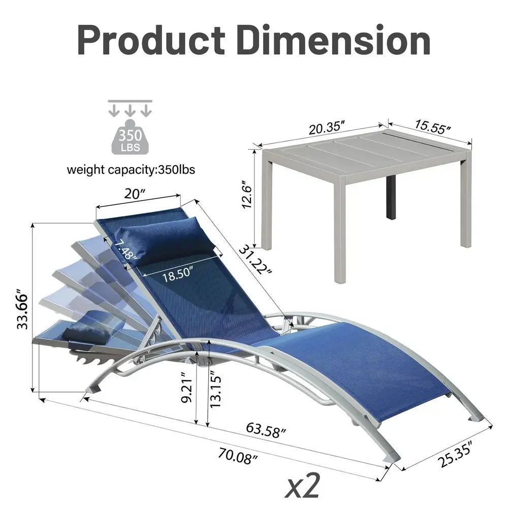 Chaise Lounge Set of 3, Aluminum Patio Outdoor Lounge Chair for Beach Pool Sunbathing, Lawn Lounger Recliner Chair with 5 Adjus