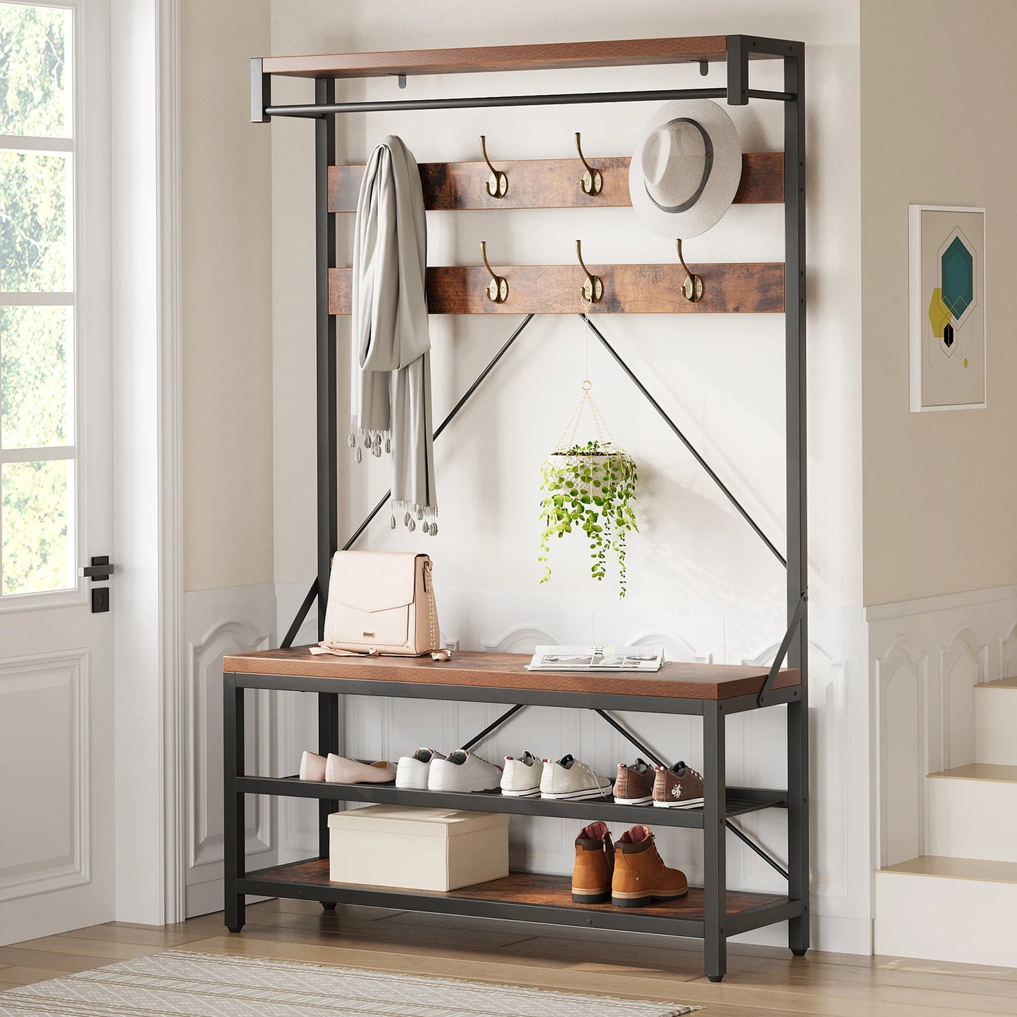 72Inch Tall Coat Rack 5-in-1 Shoe Rack/Bench, Storage shelves 8 Hooks