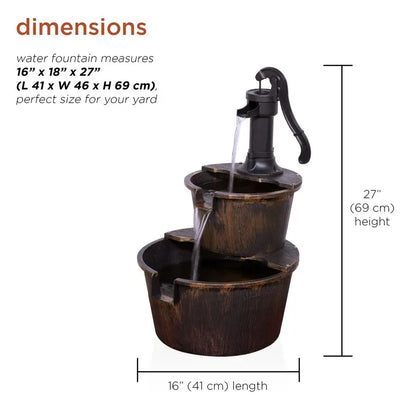 Rustic Outdoor 2Tier Barrel Pump Water Fountain Relaxing Water Flow