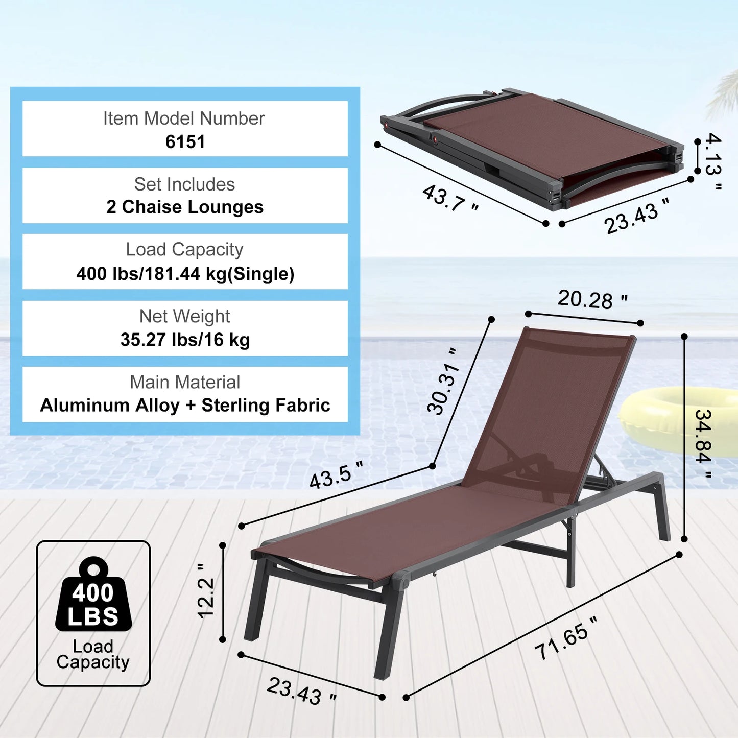 Chaise Lounge Chair Outdoor Aluminum Folding Pool Lounge Recliner