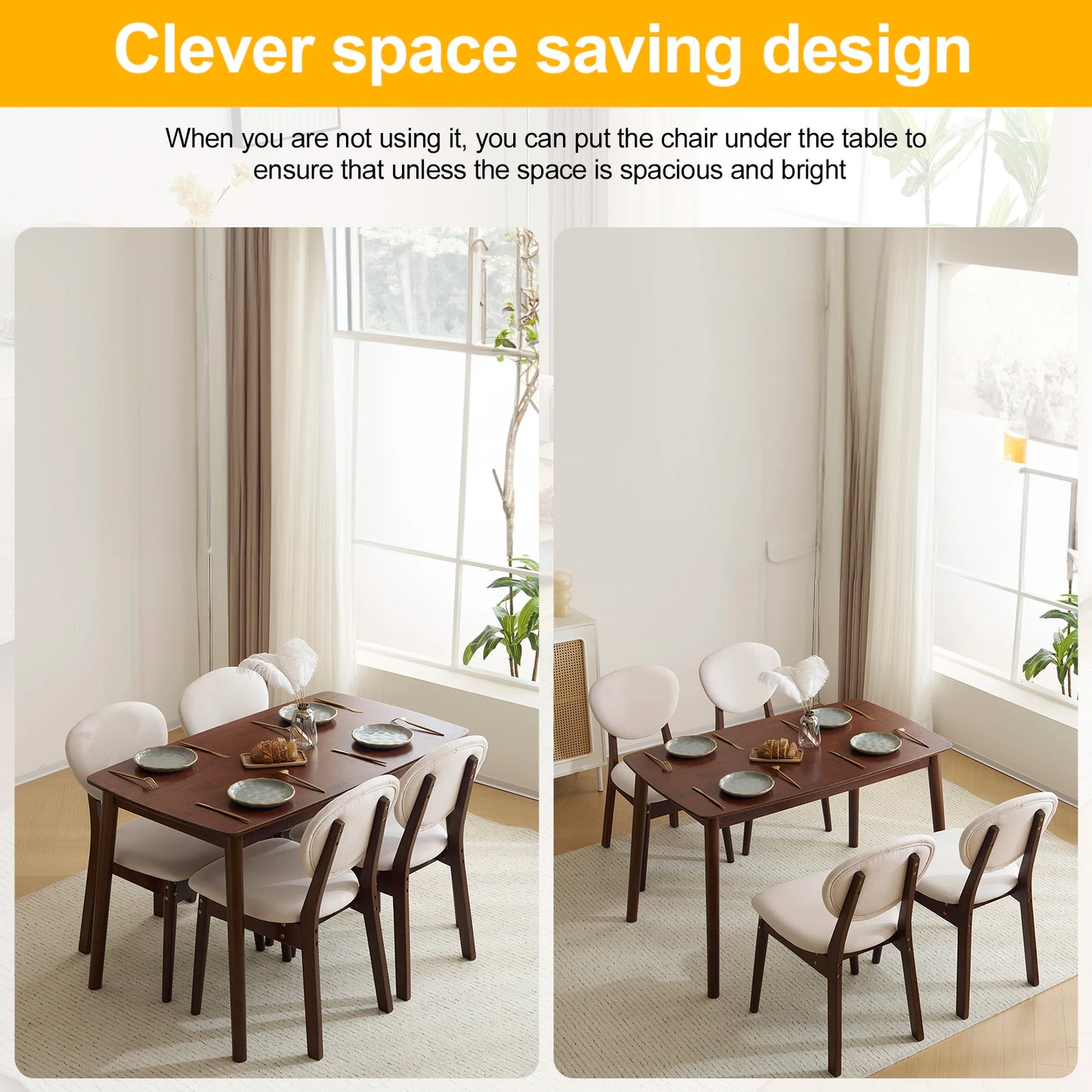 Rubber wood soft back deep walnut dining set beige