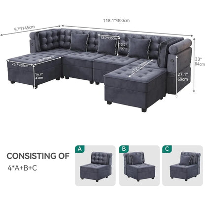 U-Shaped Sectional Convertible Sofa with Storage, 6-Seat