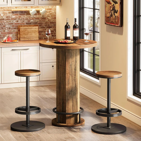 LITTLE TREE Round Bar Table with 2 barstools, Metal Ring Footrest