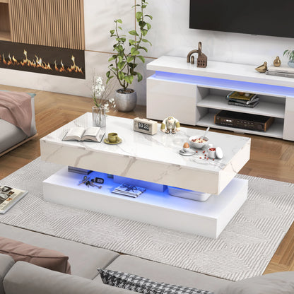 Modern Double-Layer Coffee Table with LED lights, 2 Storage Drawers