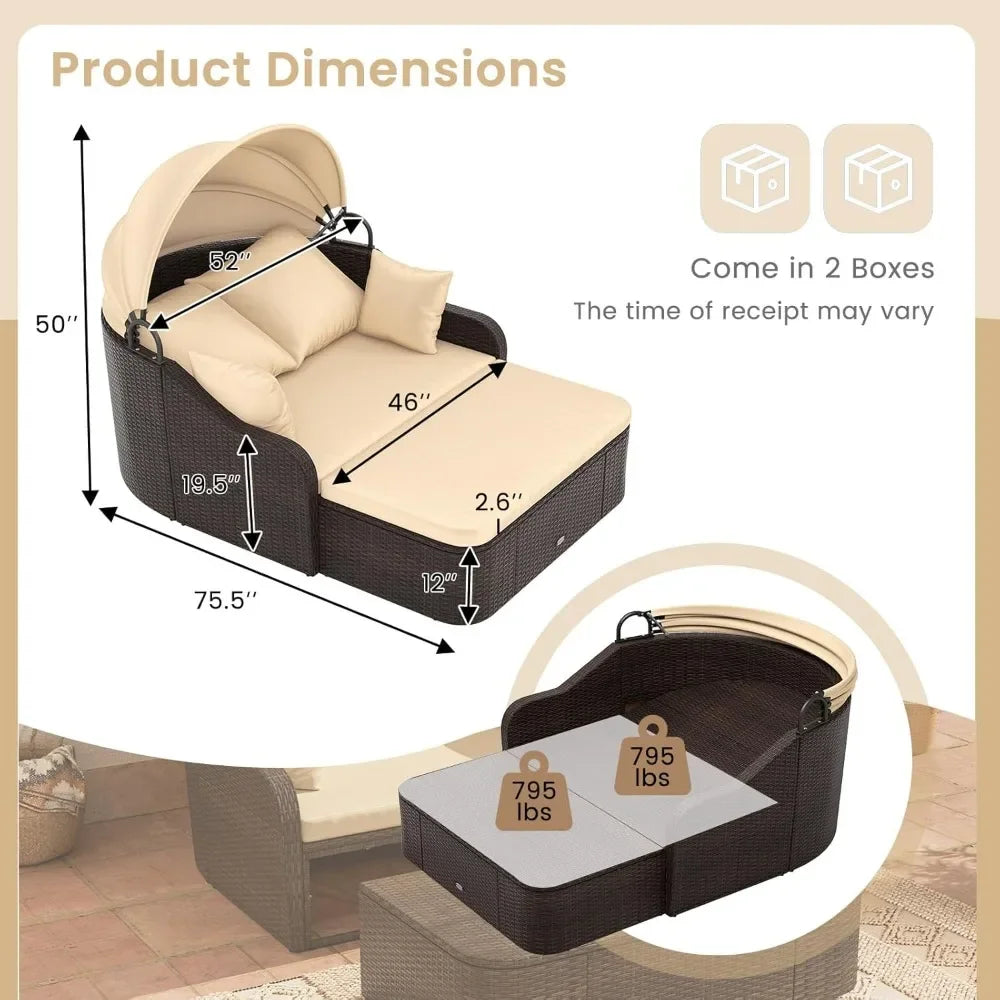 Outdoor Daybed with Retractable Canopy - PE Rattan Double Chaise Lounge