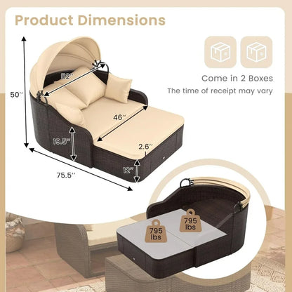 Outdoor Daybed with Retractable Canopy - PE Rattan Double Chaise Lounge