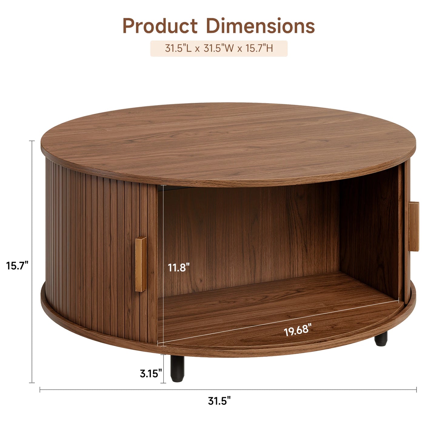 Round Coffee Table Modern 360° Curved Sliding Door, Fluted Wood
