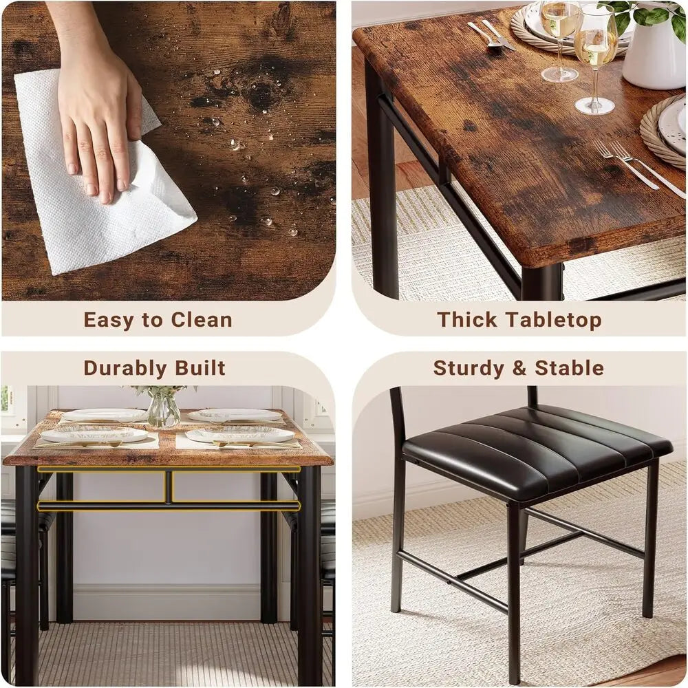 Dining Table Set for 4, Wood Kitchen Table/Upholstered Chairs , Rustic Brown