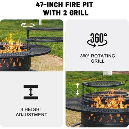 47 Inch Fire Pit with 2 Grills, Outdoor Extra Large Firepits for Outside,