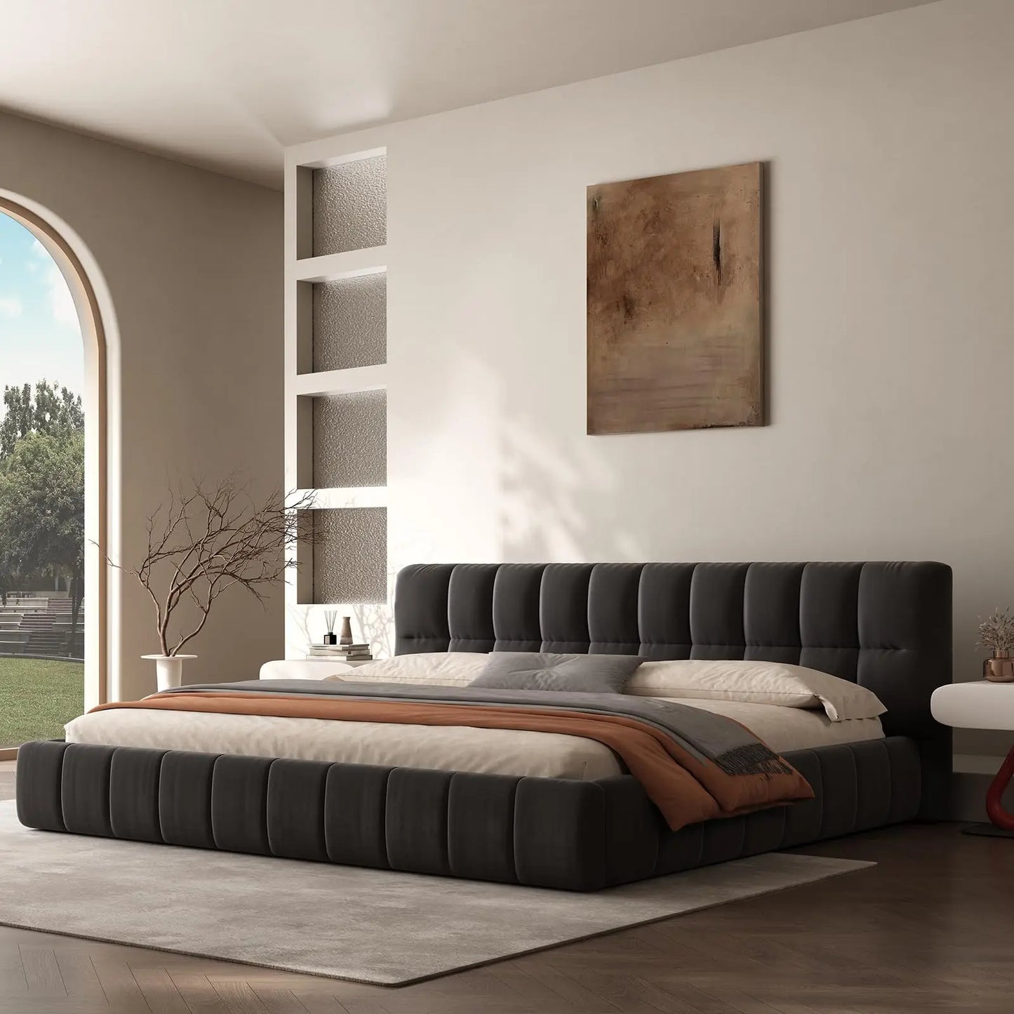 Queen Cloud Platform Bed with 38.5-inch Extra-Thick Soft Headboard, Cream