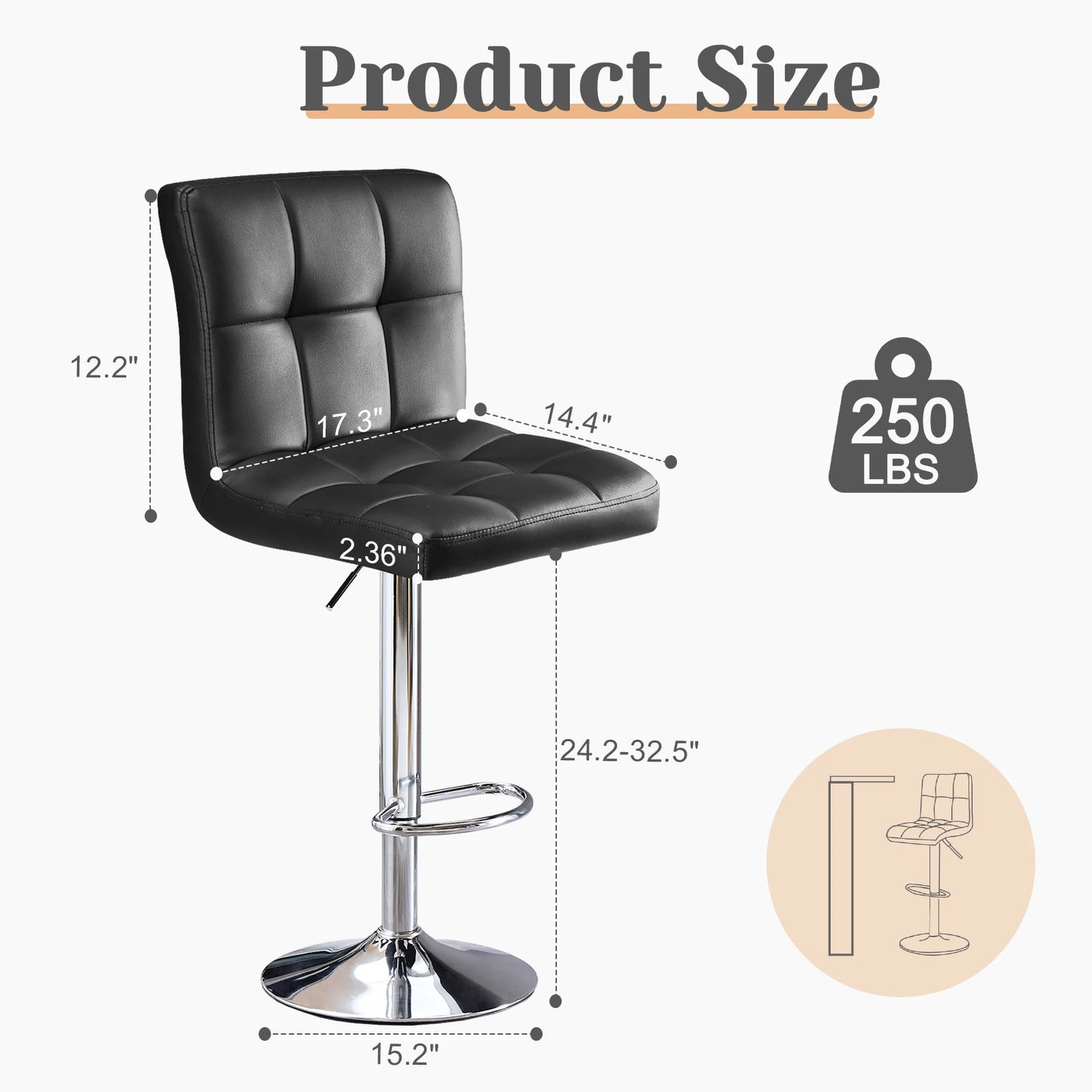 PU Leather Bar Stools Set of 2,Upholstered Counter Height