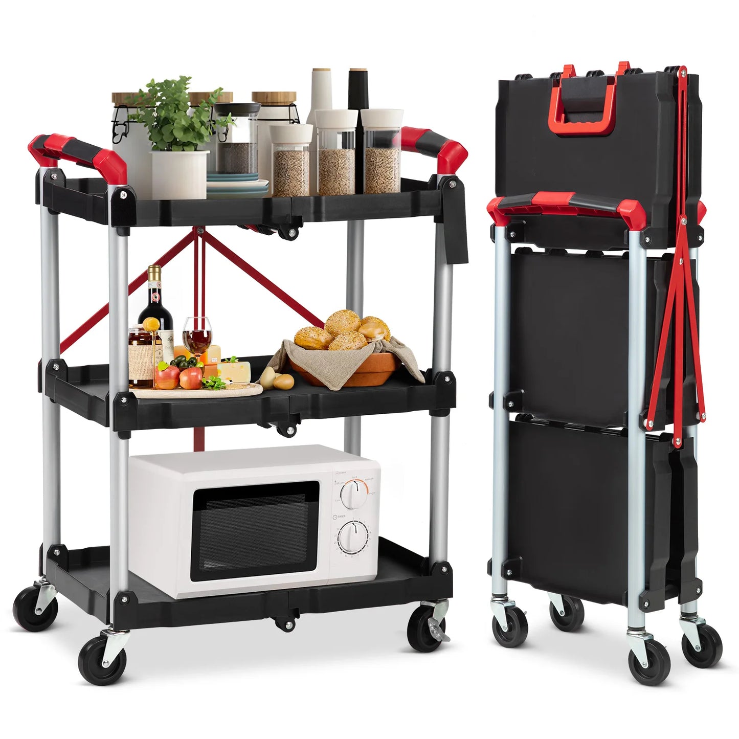3 Tier Rolling Cart, 167Lbs Foldable Utility Service Cart with Lockable Wheels