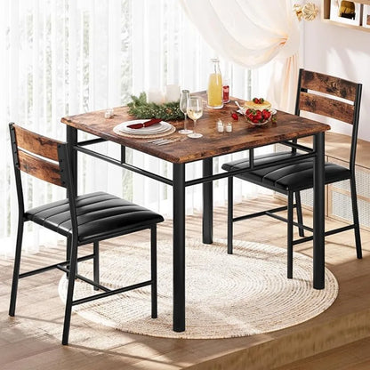 Dining Table Set for 4, Wood Kitchen Table/Upholstered Chairs , Rustic Brown