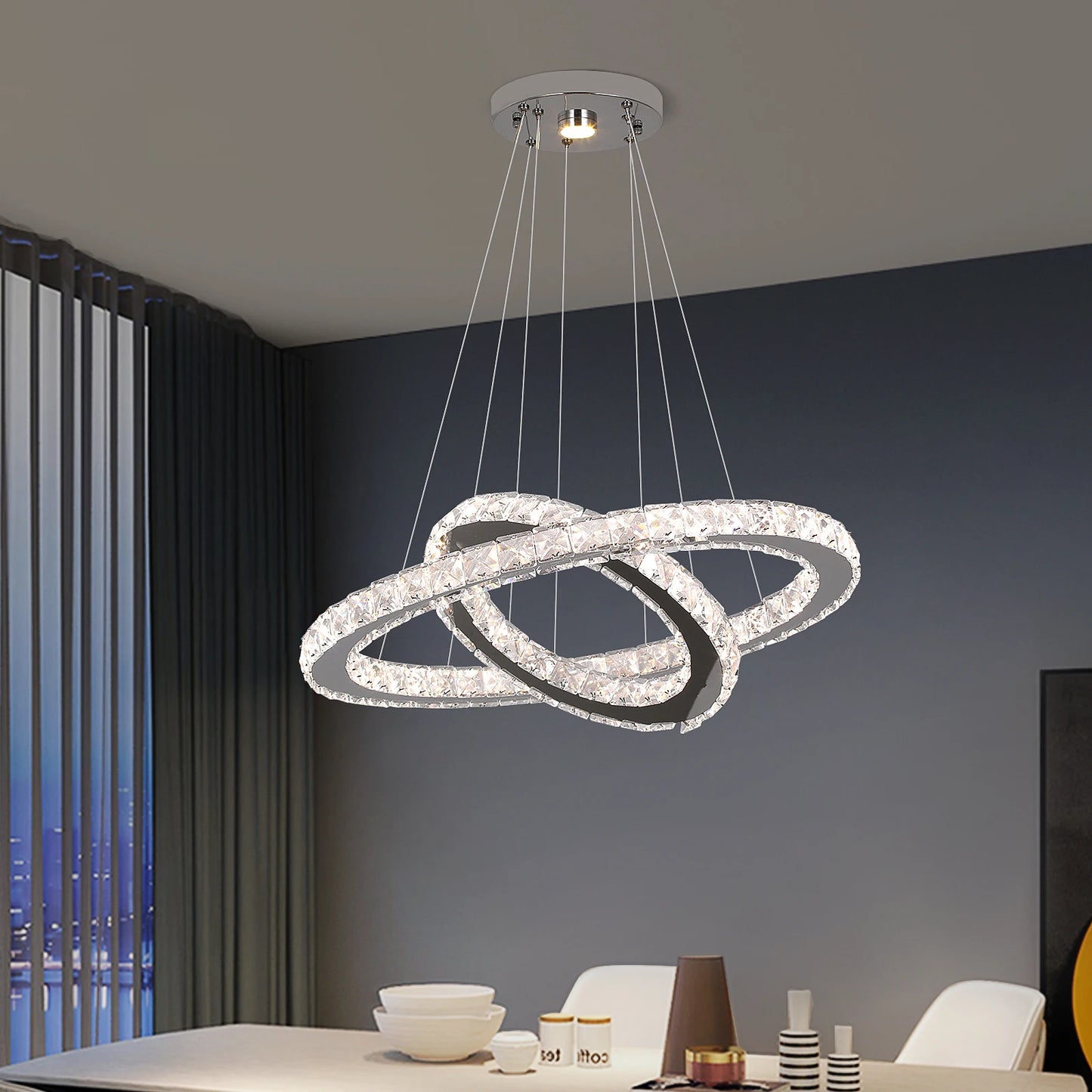 Modern Led  Pendant Light Luxury Crystal Rings Dimmable Chandelier
