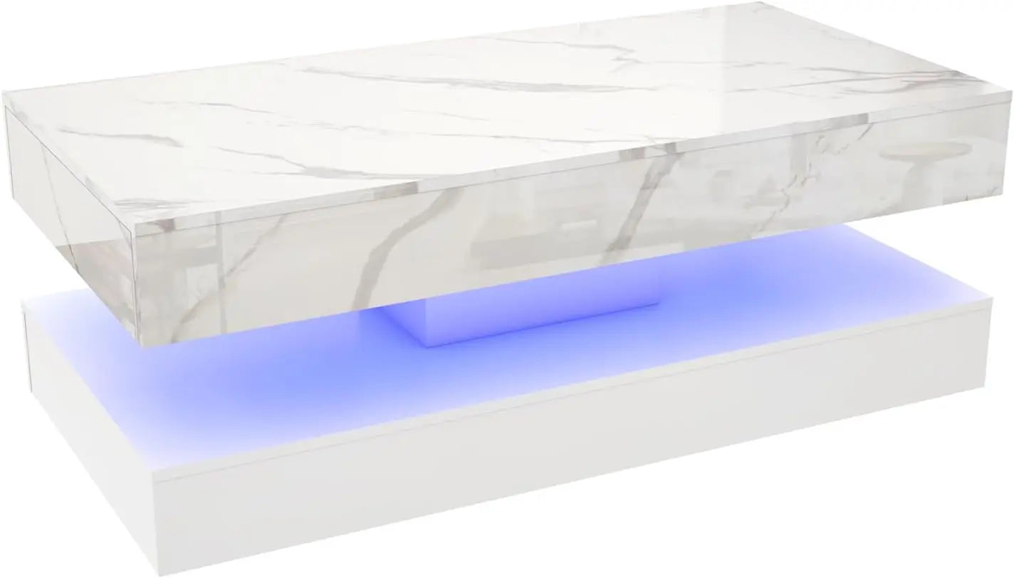 Modern Double-Layer Coffee Table with LED lights, 2 Storage Drawers