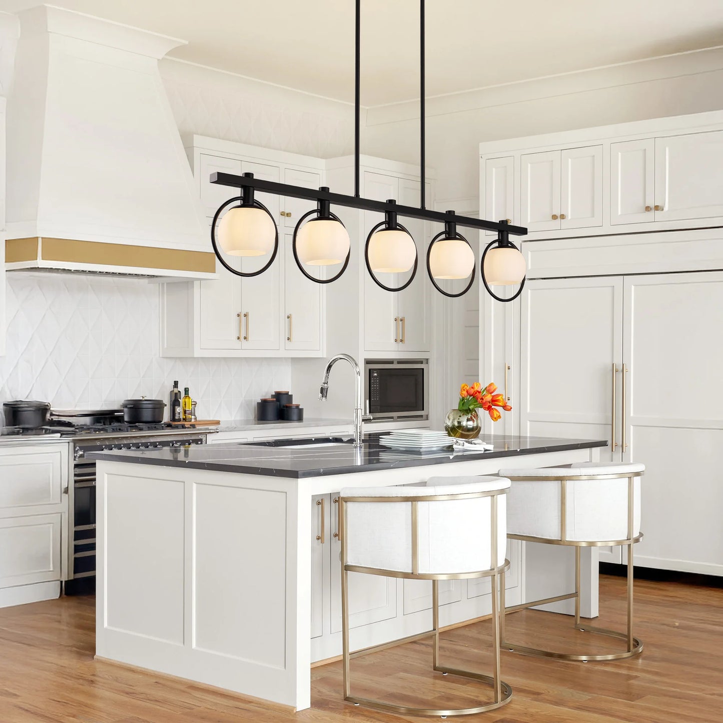 5-Light Adjustable Chandelier with Glass Shades Black Metal
