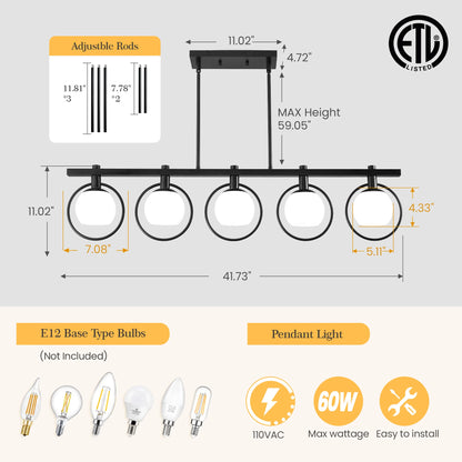 5-Light Adjustable Chandelier with Glass Shades Black Metal