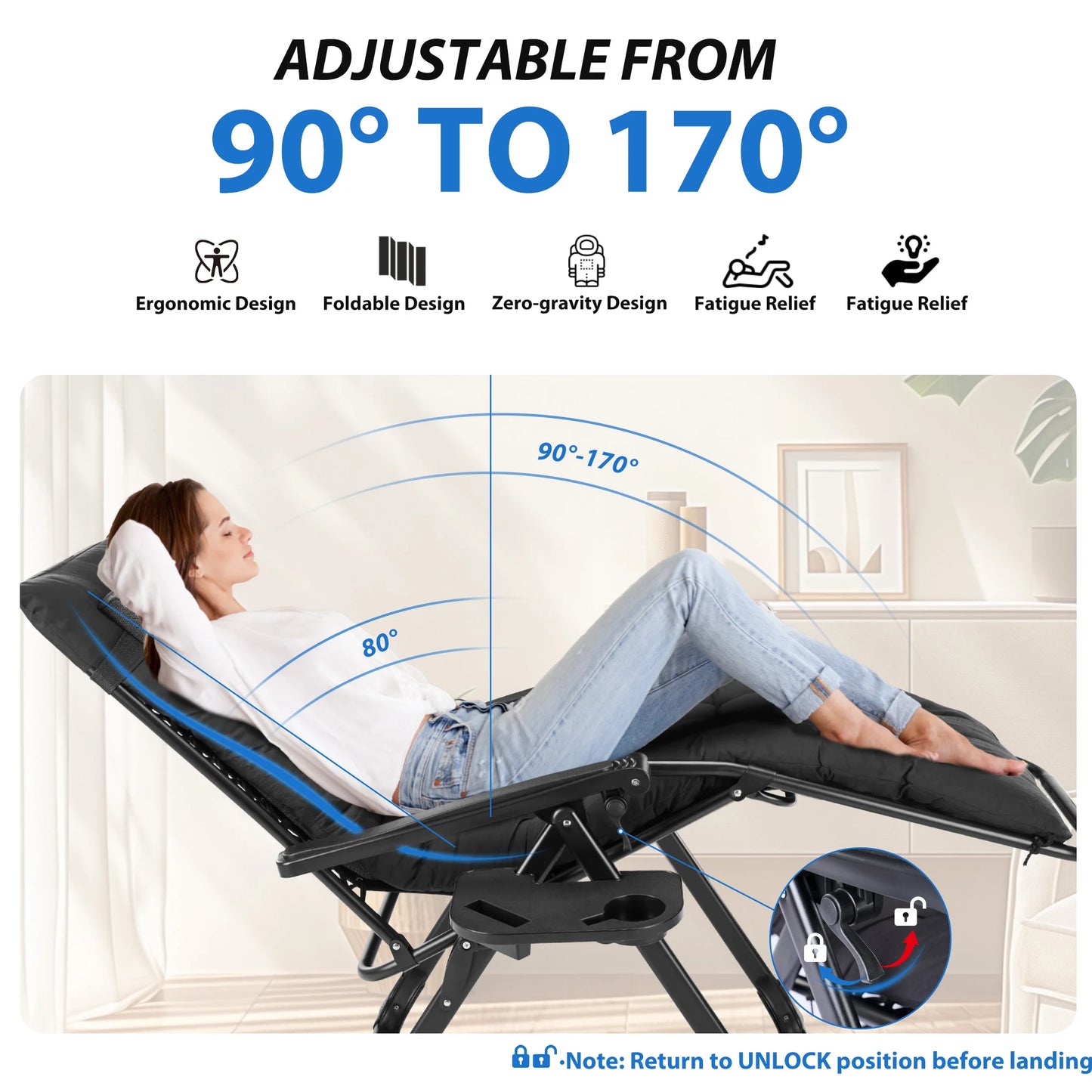 Zero Gravity Cushioned Lounge Chair Outdoor Folding Padded Cup Holder