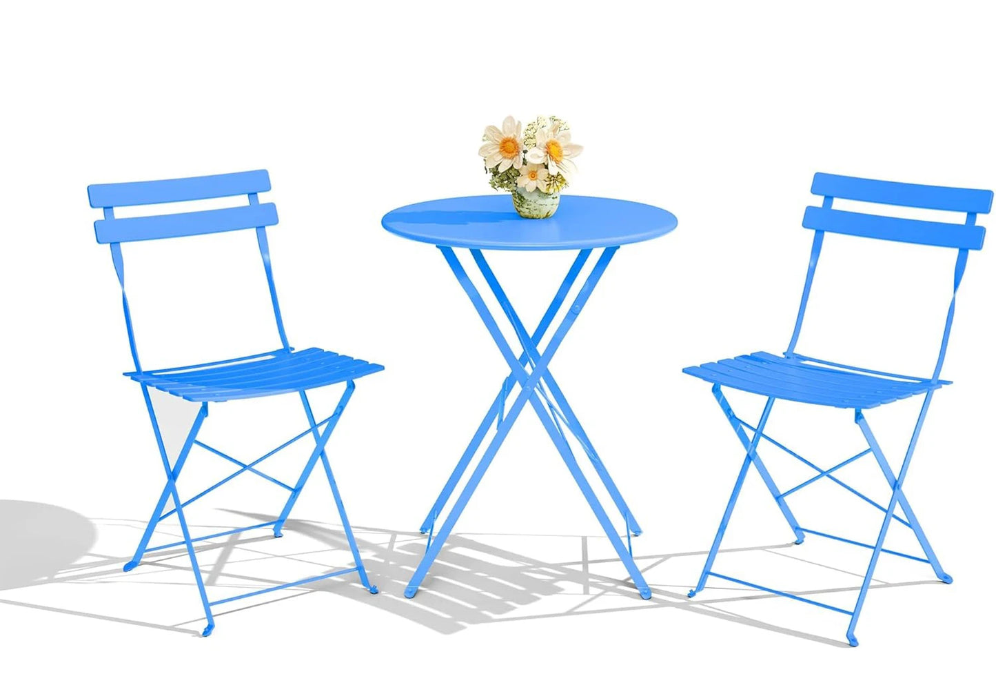3Pcs Patio Bistro Set, Metal Frame Space-Saving Folding Table and Chairs