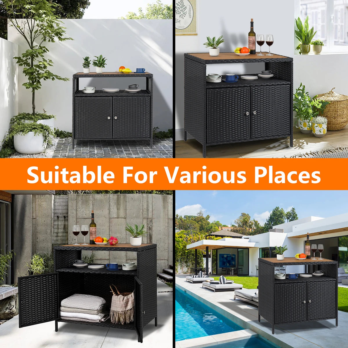 Weatherproof Outdoor Wicker Bar Table Storage Cabinet Double Doors & Shelves