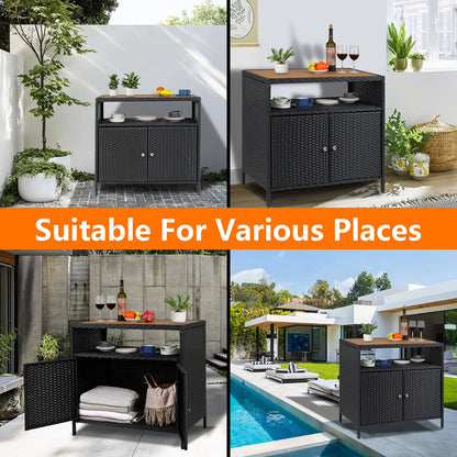 Weatherproof Outdoor Wicker Bar Table Storage Cabinet Double Doors & Shelves